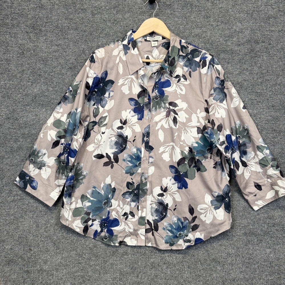 Coldwater Creek Plus Size 18 Shirt Blouse Blue Cotton Floral Buttons Long Sleeve